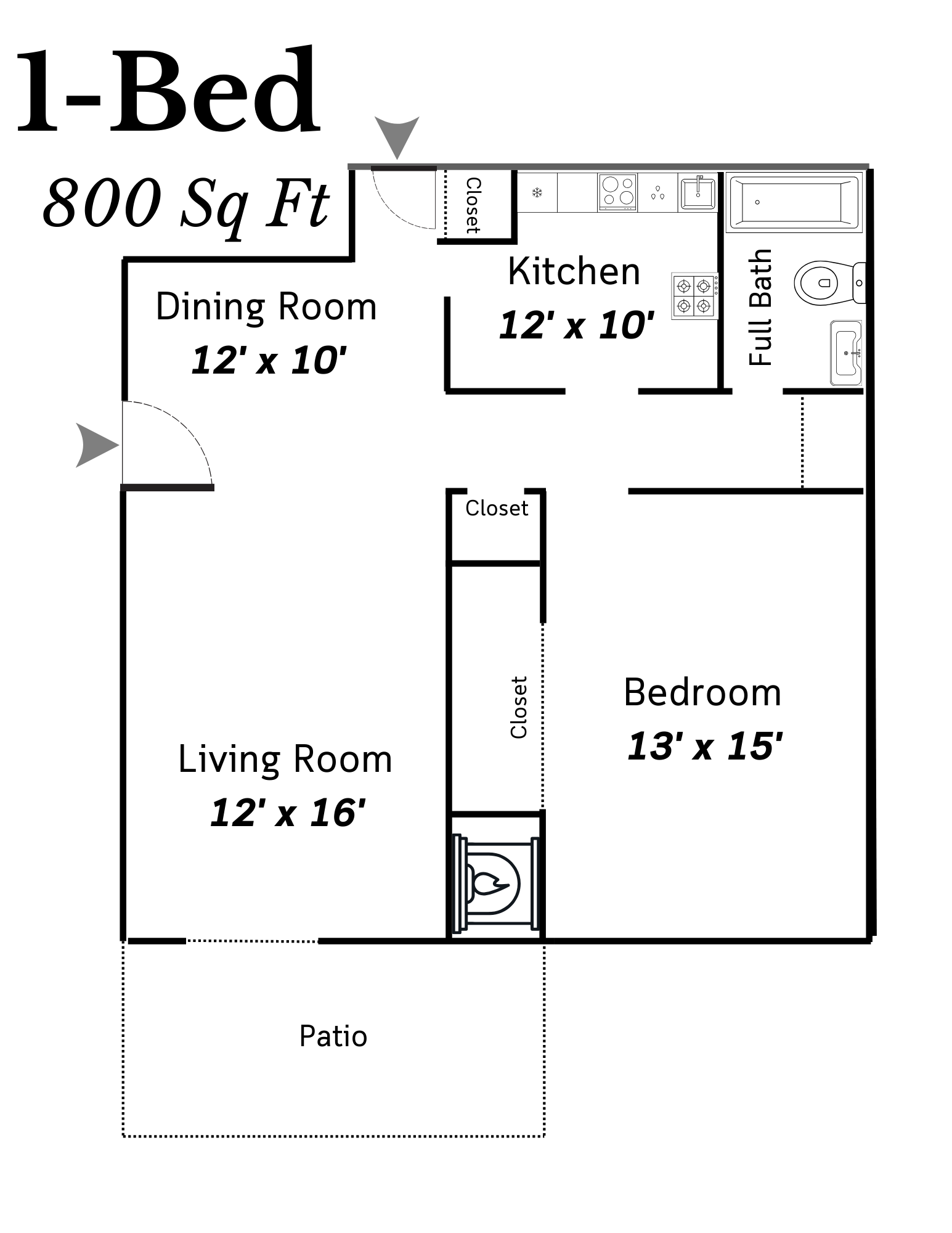 Floor plan for 1 bed, 1 bath, 800 sqft